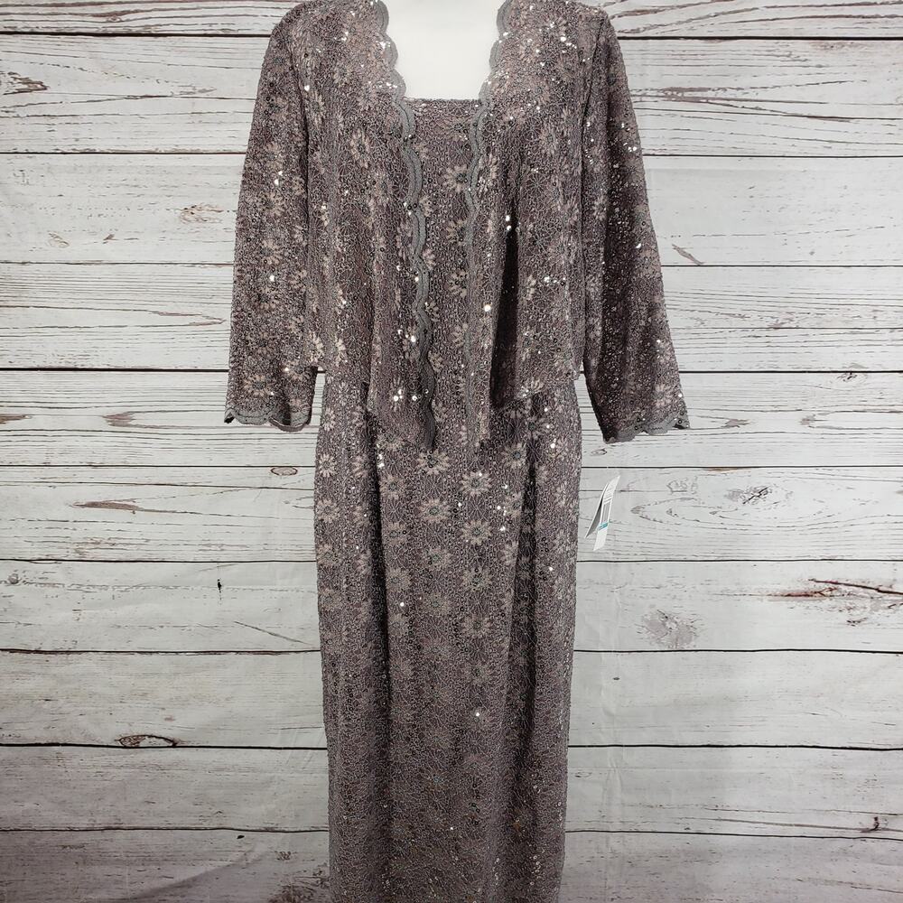 Alex Evenings New 2piece Set Pewter Frost Lace Sequins Evening Dress Size 16
